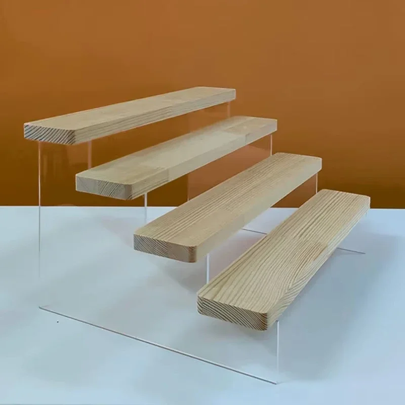 Acrylic and Wooden Step Display Stand for Toys, Car Model, Figures,  1-5 Tier Desktop Storage Shelf for Cosmetics, Cupcake