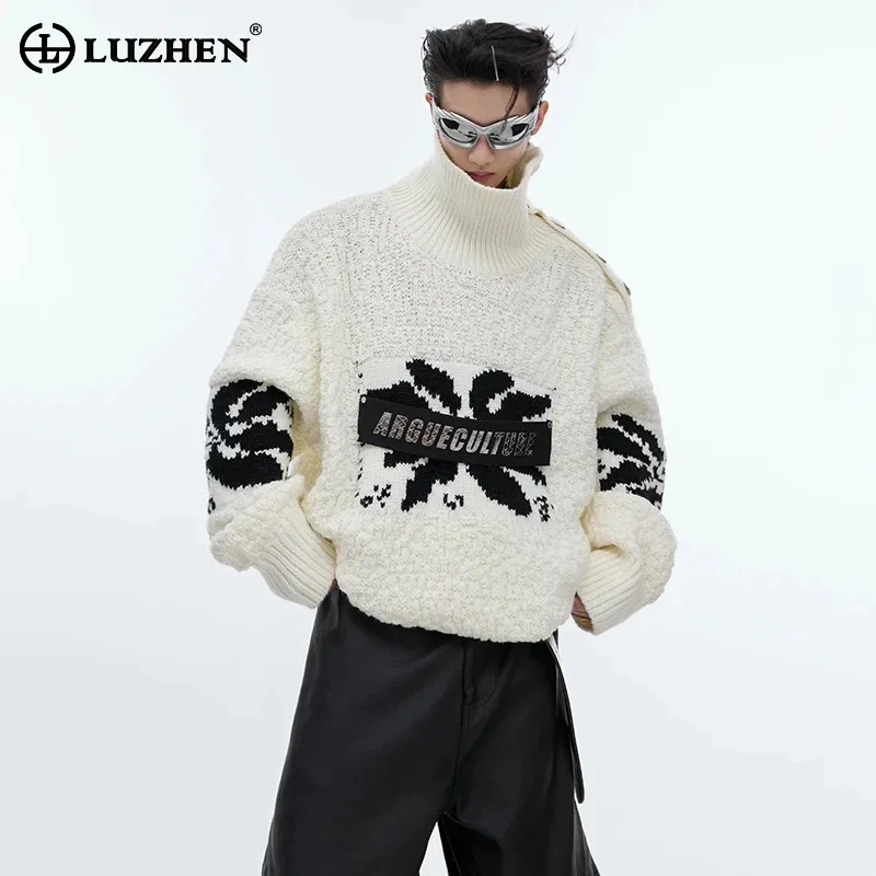 LUZHEN Autumn Fashion New High Neck Knitted Sweater 2024 Original Trendy Loose Luxury High Quality Thermal Men's Tops LZ4727