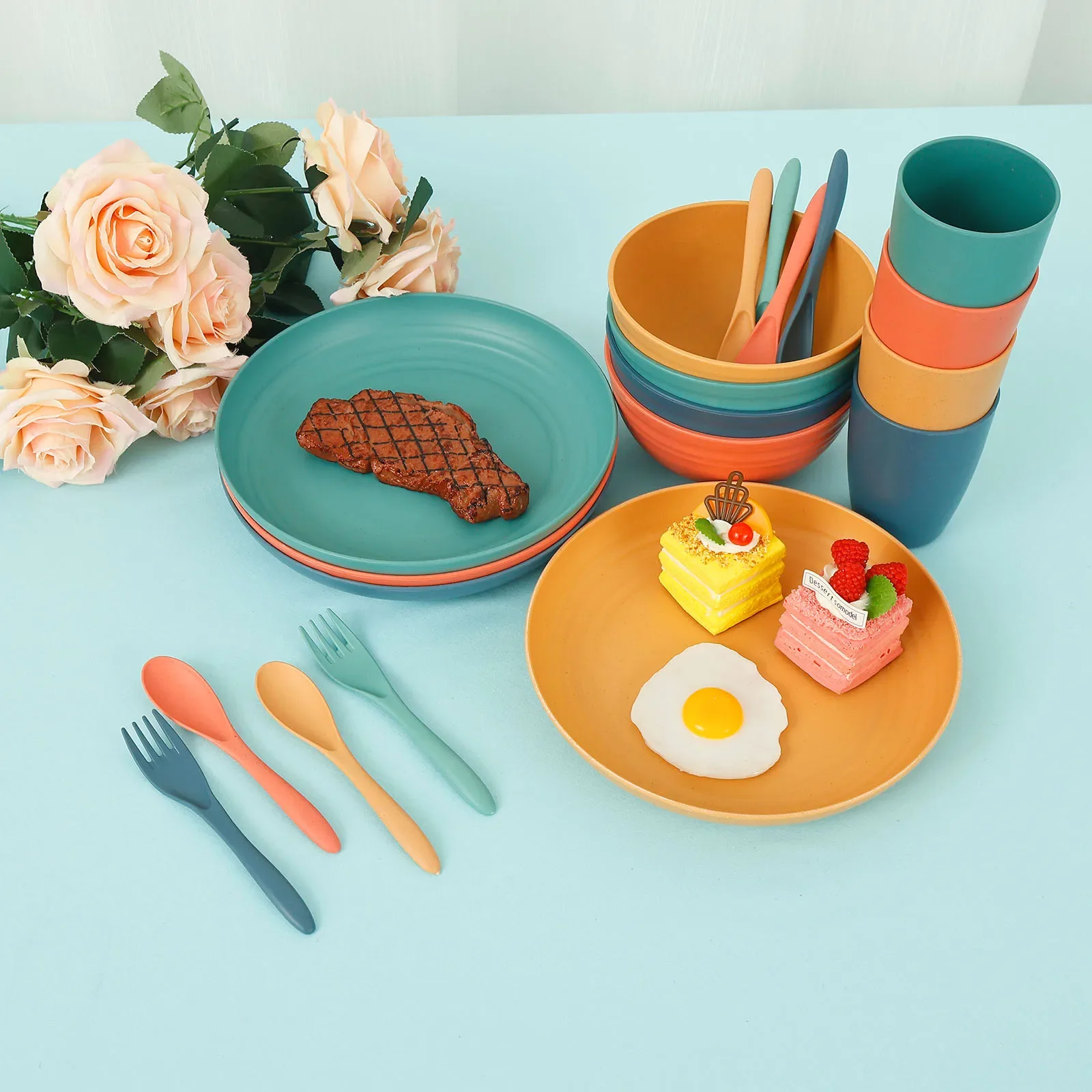 

20 Pcs Plates and Bowls Sets with Cutlery Reusable Dinnerware Sets Includes 4 Plates 4 Bowls 4 Cups sets of kitchen gadgets