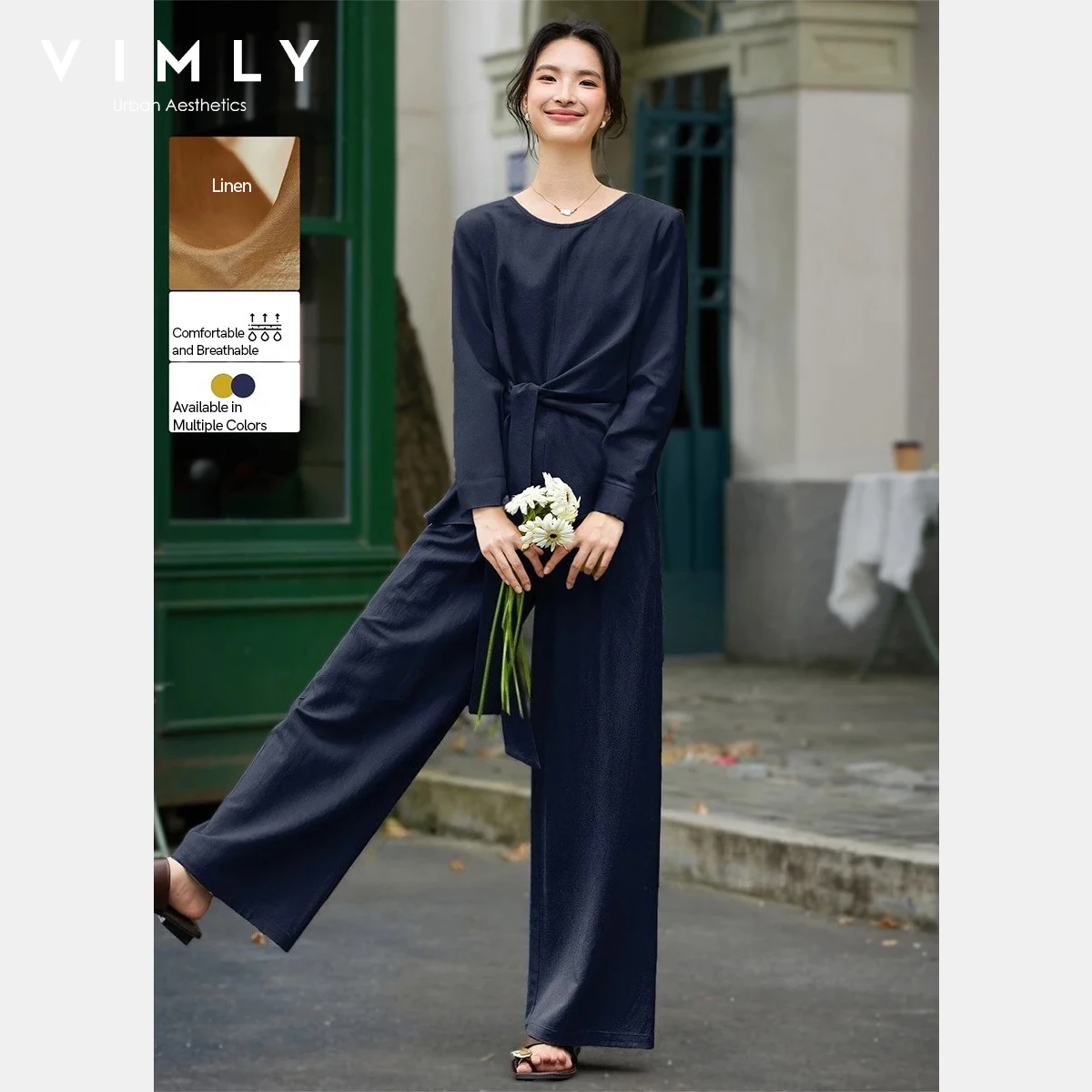 VIMLY femmes décontracté trajet pantalon ensembles automne nouveau solide deux pièces ensemble cravate devant à manches longues haut col en o pantalon à jambes larges ensemble A2900