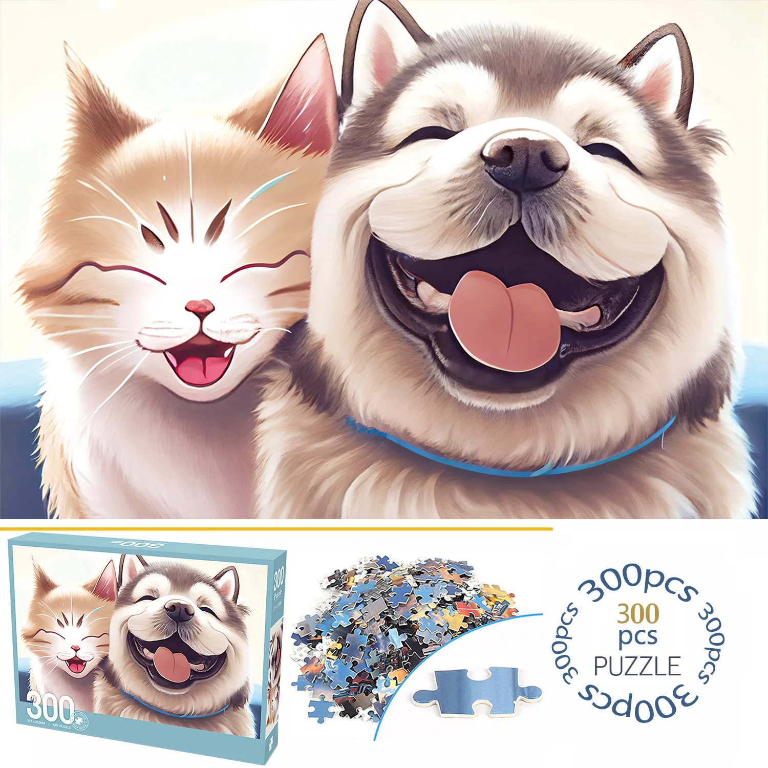 300pcs Happy Puppy Kitten Velvet Material Floor Jigsaw Puzzles for Adults Home Decor Games Family Fun Educational Toys for Kids