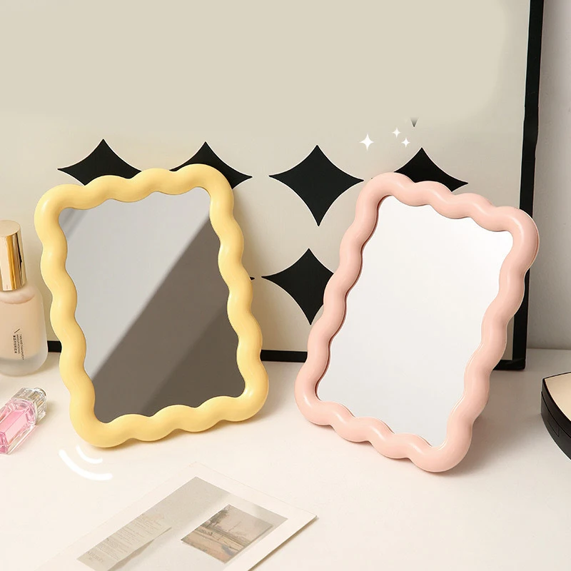 Corrugated Desktop Makeup Mirror Solid Color Simple Portable Handheld Makeup Mirror Foldable Student Compact Cute Mirror