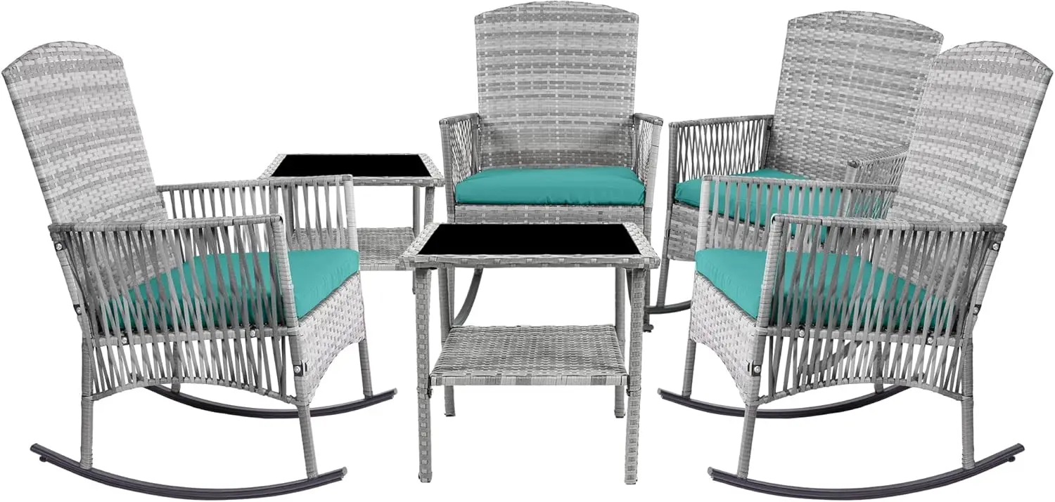 

6 Piece Patio Conversation Set, Outdoor Rocking Chairs Set of 2, Wicker Furniture with Glass Top Coffee Table and Cushions for