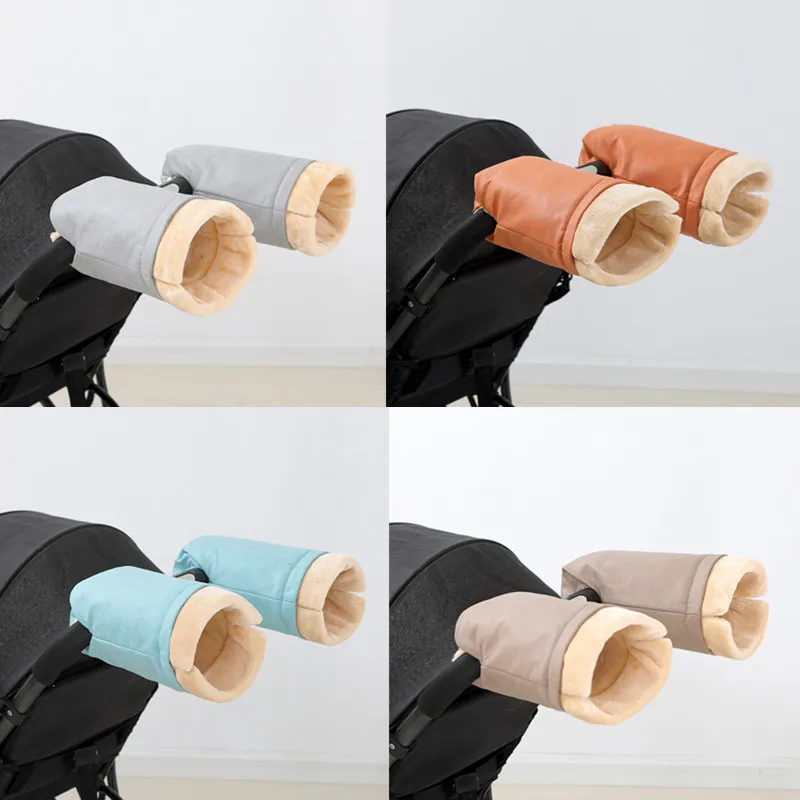 1 Pair New Waterproof Windproof PU Leather Baby Stroller Gloves Winter Warm Fleece Lining Pushchair Pram Hand Muff with Buttons