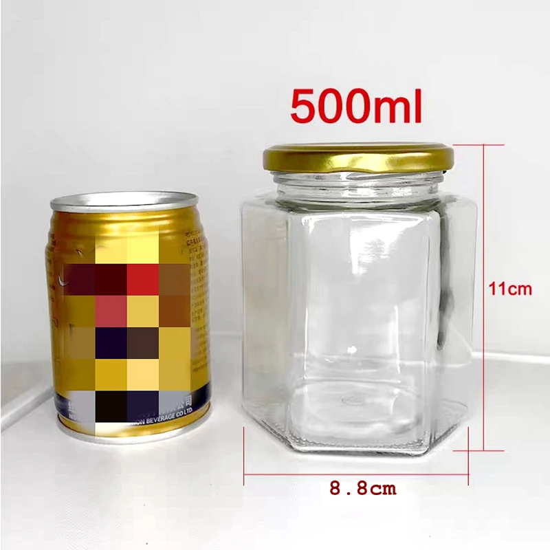 500ml, 16oz, 6 Units Hexagonal Glass Honey Jars with Gold Covers, Sealed Glass Bottle, Wedding, Birthday Party, Return Gifts