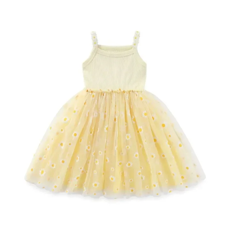 Daisy Floral  Princess Dress Children Flower Embroidery Sling Mesh Cute Girls Dress Summer 2024 New Small