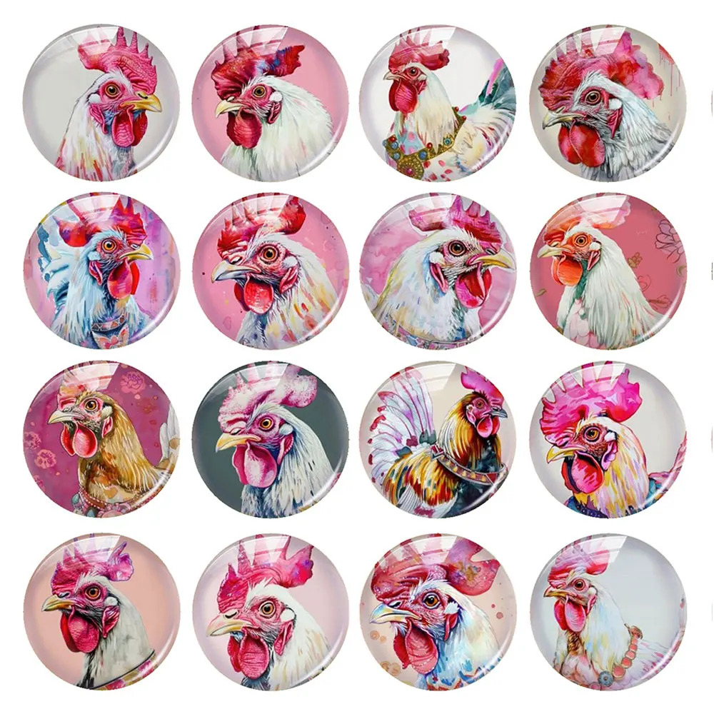 Random Mixed Round/Oval/Square Pink Watercolor Rooster Easter Photo Glass Cabochon Flatback Demo Cameo For Diy Jewelry Making