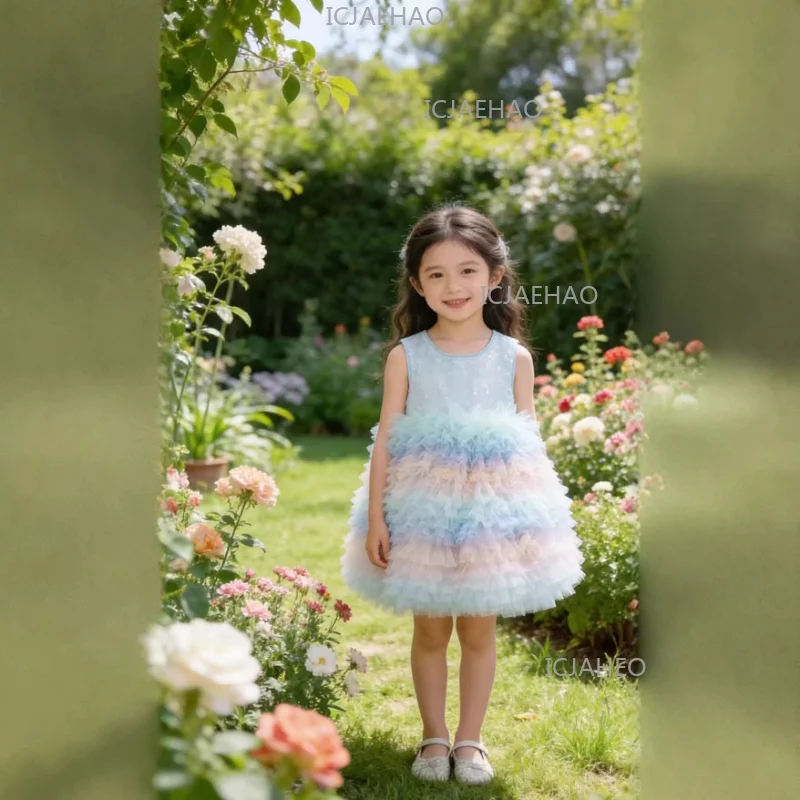 Girls Rainbow GradientSleeveless Cake Dress Birthday Party Banquet Wedding Flower Girl Tulle Kids Formal New Children Daily