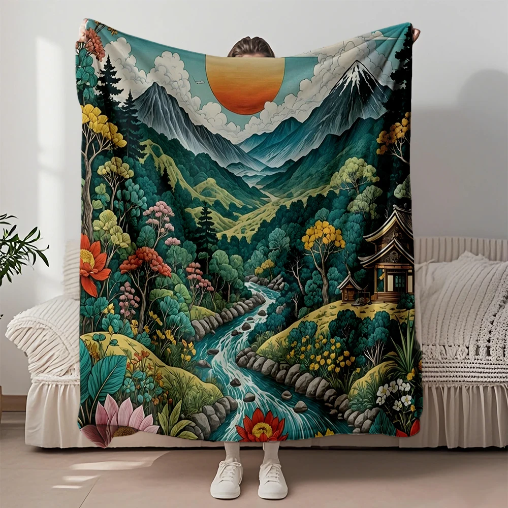 

Flannel Bed Blanket Hut By The River For Car Minimalist Knit Throw Wrinkle-resistant Moisture-wicking Blankets Pets Adults