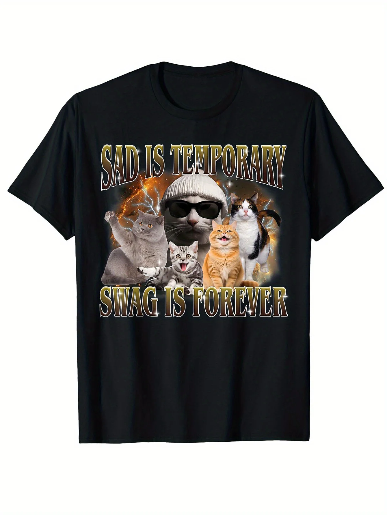 Funny Cat Meme T-Shirt - 'Sad Is Temporary, Swag Is Forever'  with Design,  Casual Round Neck Short Sleeve Tee for Gym, Travel  Daily Wear - Funny Graphic Shirt