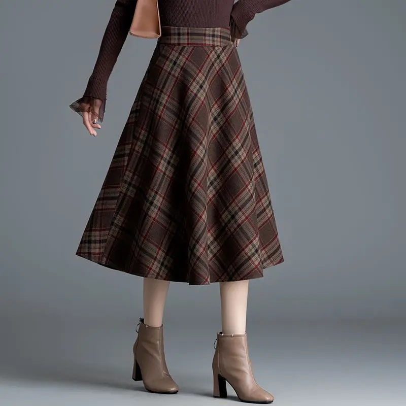 Thick High Waist Plaid A-line Skirt Winter New All-match Elastic Waist Skirt Women Clothing Vintage Pleated Pleated Skirt Ladies