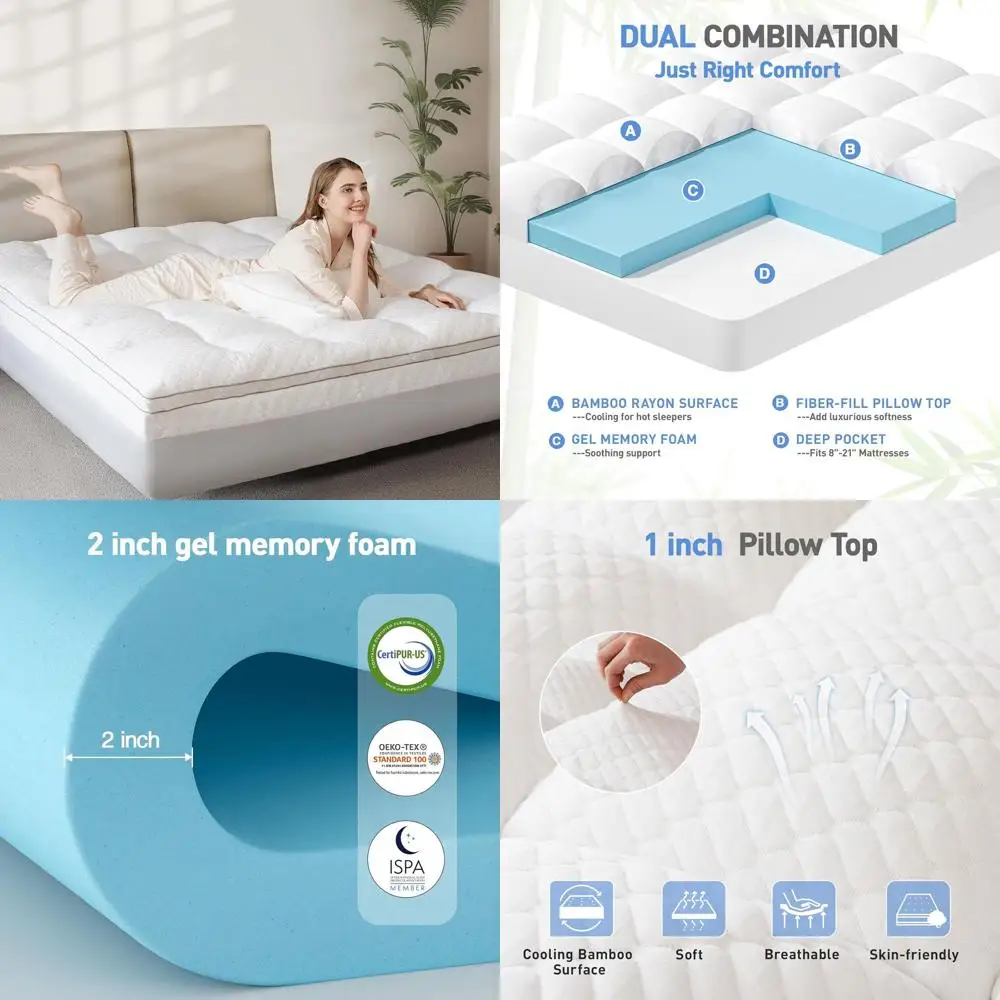 Dual Layer 3 Inch Memory Foam Mattress Topper Full Size, 2 Inch Cooling Gel Memory Foam Plus 1 Inch Down Alternative PillowTop M