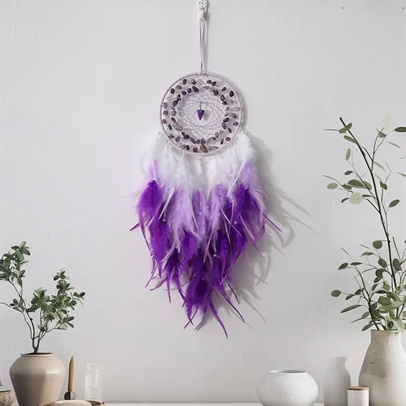 Nordic Dreamcatcher Gemstone Agate Wisząca ozdoba do domu Feather Dream Catcher Fioletowe akcesoria wewnętrzne Dekoracja ścienna