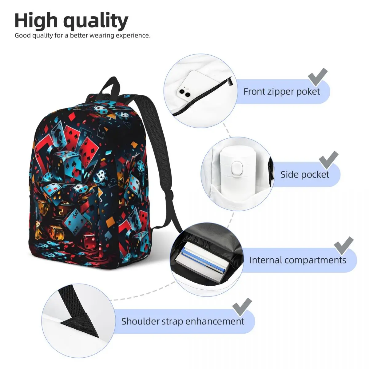 Poker Red Black Backpack for Men Women Casual Student Hiking Travel Daypack Card Suits Laptop Shoulder Bag Outdoor