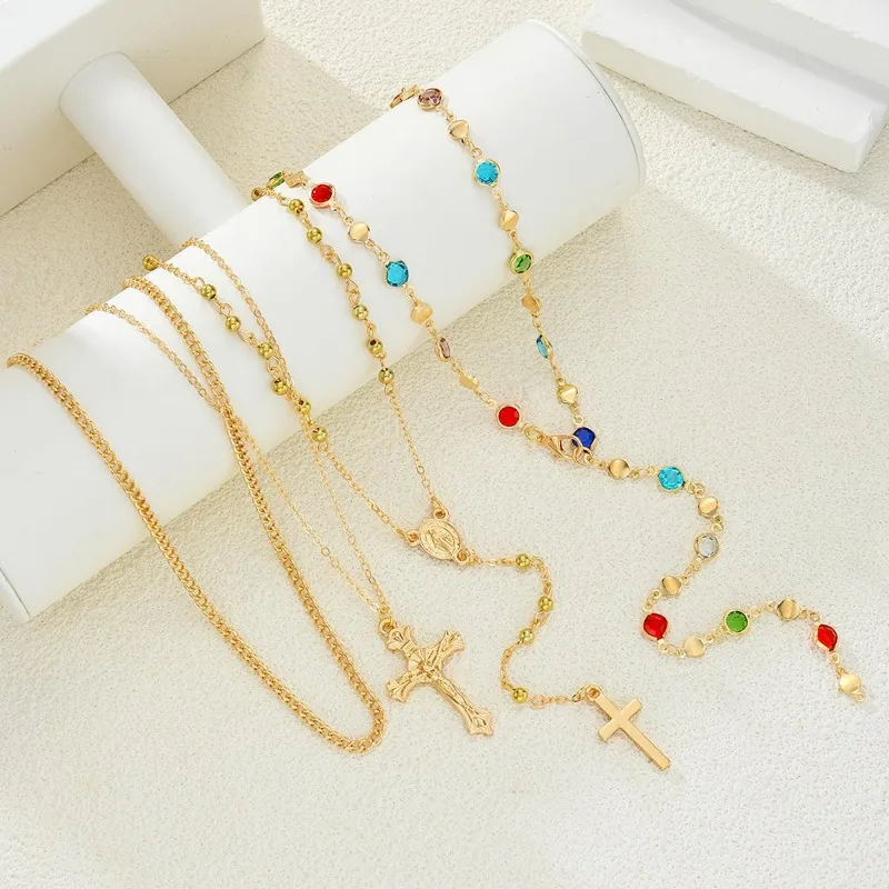 Retro Creative Colorful Zircon Tassel Chains Cross Pendant Multi-layer Necklace for Women Fashion Collar Chain Jewelry Accessory