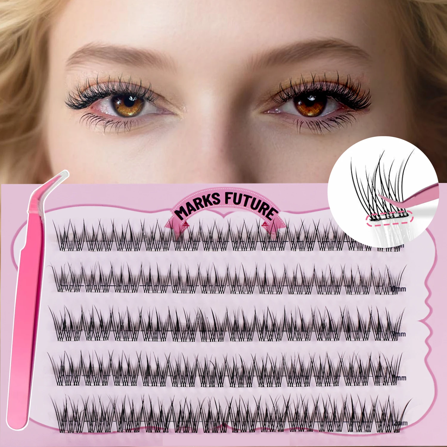 Self-Adhesive Eyelashes, DIY Eyelash Cluster Extension Kit 10-12 Mm, 60 Pieces Fluffy D Curl Soft Natural Eyelashes with Tweezers Wispy Individual Clusters Natural Look Suitable for Beginners