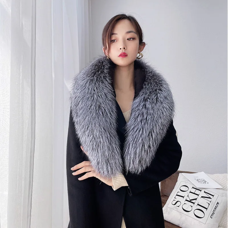 

Real Fox Fur Collar For Women Coat Jacket Winter Furry Fur Scarf Warps Hood Decor Neck Warmer Fur Collar Large Size Fur Shawls