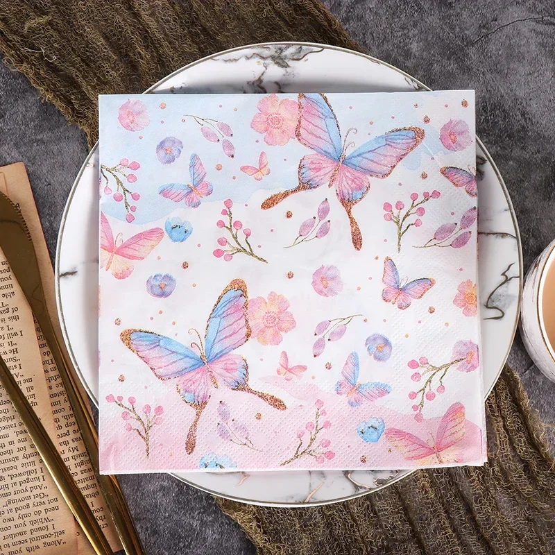 

10/20pcs Colored Napkins Printed Paper Napkins Birthday Wedding Party Pure Wood Pulp Paper Butterfly Wine Glass Folding Paper