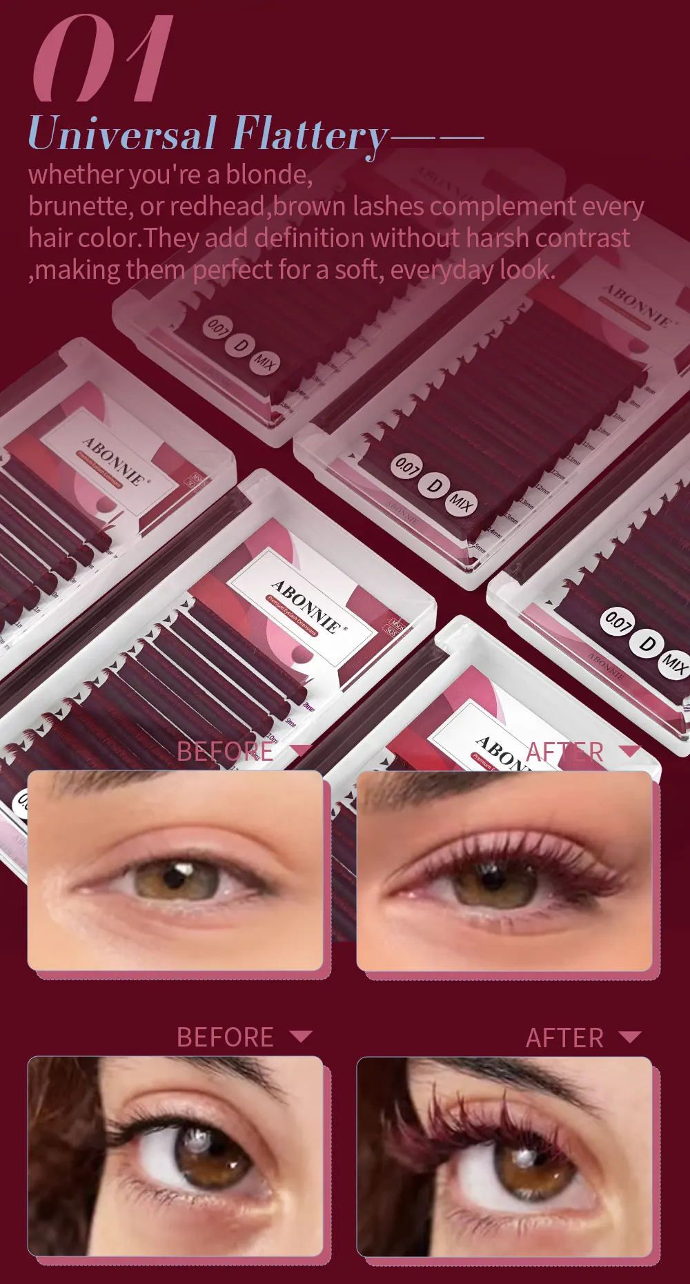 Abonnie LB/LC 8-15mm Burgunderrote Matte Volumen-Wimpernverlängerungen Klassische Einzelwimpern Flauschige Falsche Wimpern für Augenschönheit – Detail 4