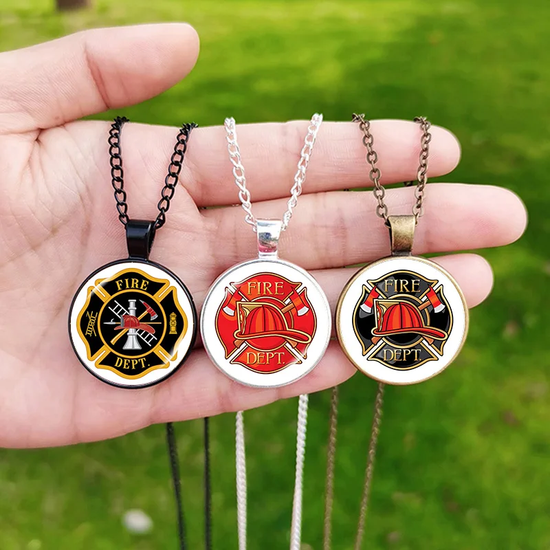 Firefighter Necklace Glass Cabochon Fire Department Badge Symbol Pendant Chian Fireman Gift Jewelry