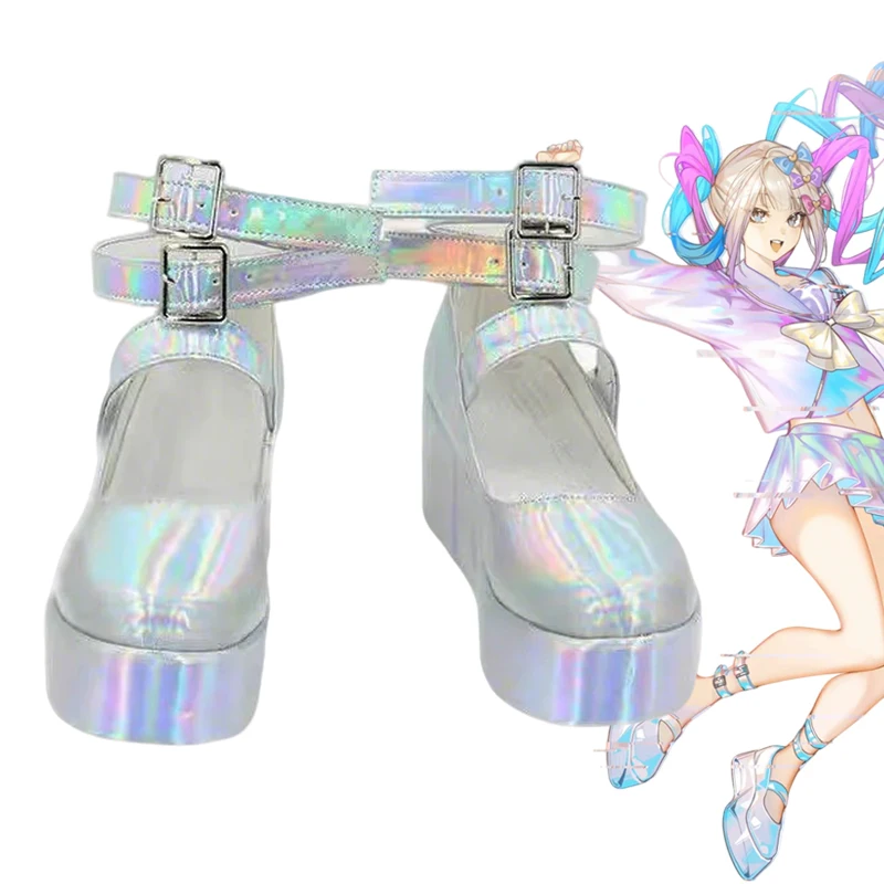 Anime NEEDY GIRL OVERDOSE Rain Ame Cosplay Shoes Women Silver PU Leather High Heels Boots Masquerade Carnival Costume