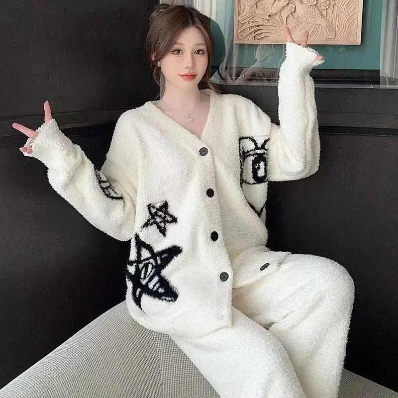 Women's Set V-neck College Half-fleece Warm and Stylish Loose Casual Home Wear Thickened 2026 Autumn and Winter Cardigan Pajamas