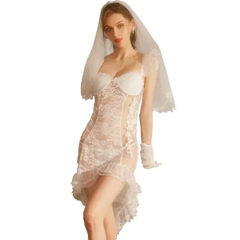Sexy Underwear Dress Sleeping Dress Temptation Sexy Role Playing Thin Lace Perspective Mesh Long Dress Princess Wedding Lenceria