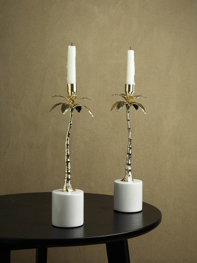 Golden Metal Candlestick with Volakos White Marble Base Luxury Candle Holder for Home Decor