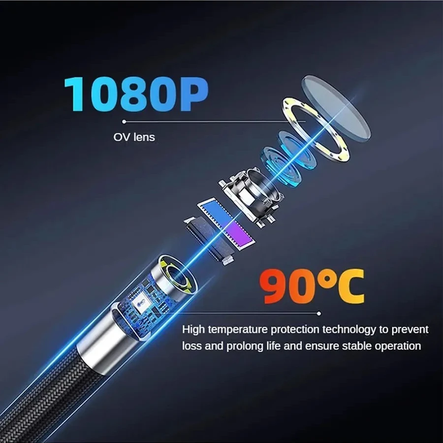 6.4mm Two-Way 360° Articulating Borescope 1080P Inspection Camera with Light IP67 Waterproof Probe Compatible with Android iOS
