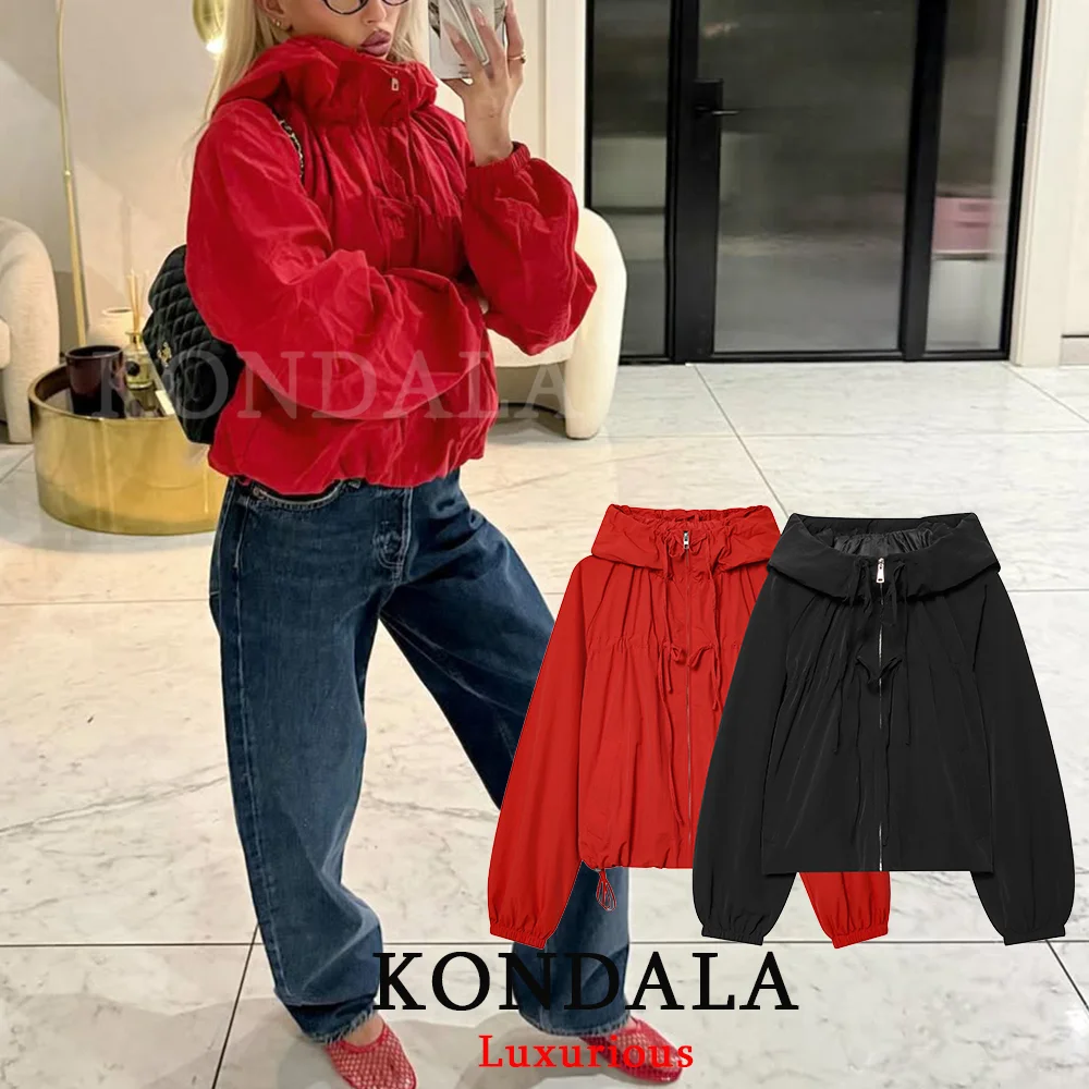 KONDALA Casual Chic Rote Damenjacken mit Reißverschluss und Kapuze, langärmelig, übergroße Streetwear, Y2K-Girl-Outwears, Frühlings- und Sommerjacken