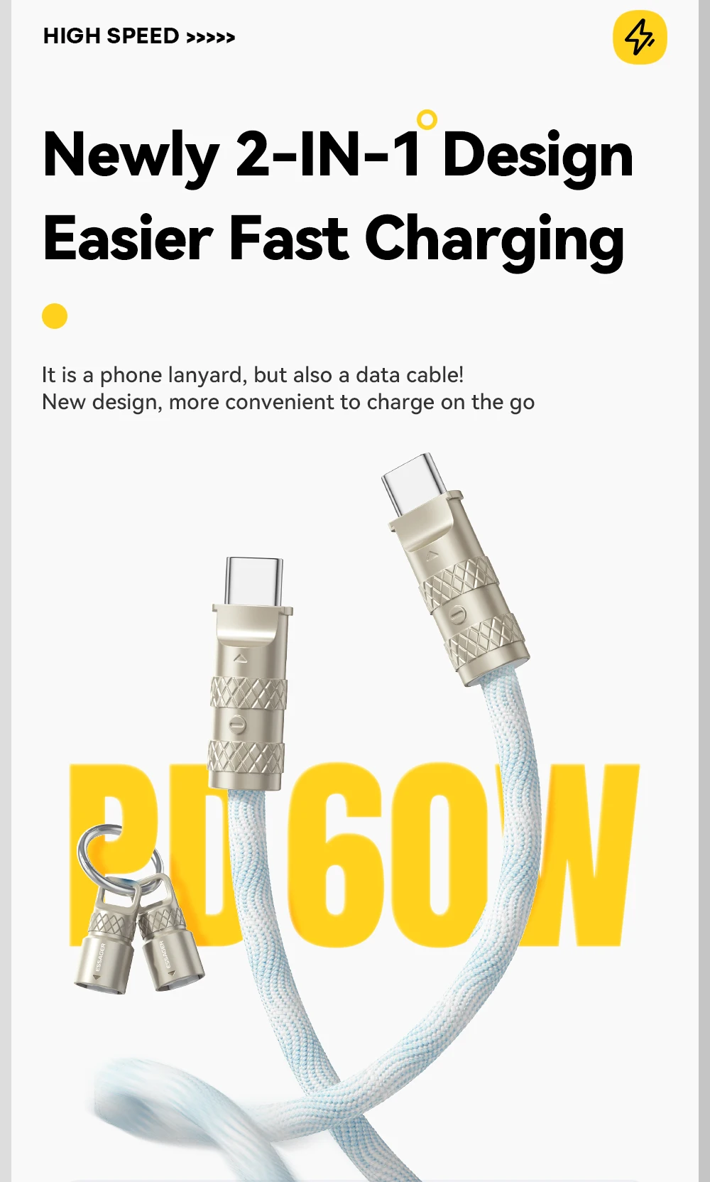 Essager 2 in 1 60W USB-C to Type-C Lanyard Data Cable 3A PD Fast Charging For iPhone 16 15 Samsung Huawei Laptops Anti-lost Rope