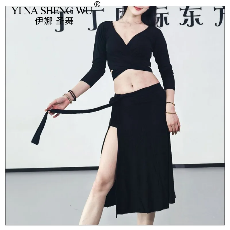 tenue-de-danse-du-ventre-pour-femmes-ensemble-haut-et-jupe-en-modal-noir-vetements-d'entrainement-confortables-pour-debutants-costume-de-danse-du-ventre-vente-en-gros