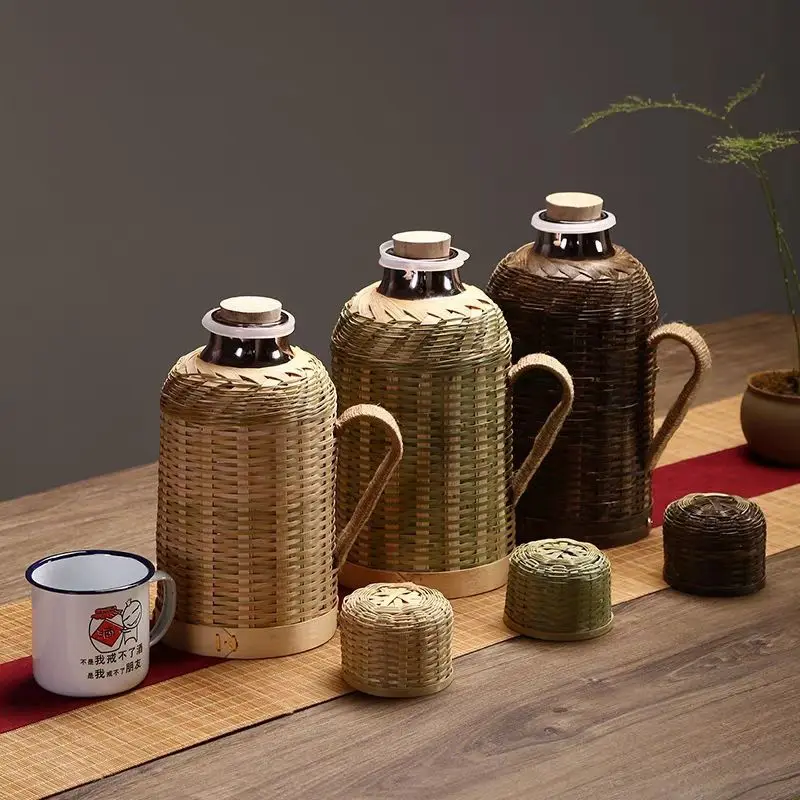 

Retro Bamboo Woven Kettle Old-fashioned Thermos Hot Water Bottle Pot Wooden Glass Red Liner Decorative Kettle Thermal with Cover