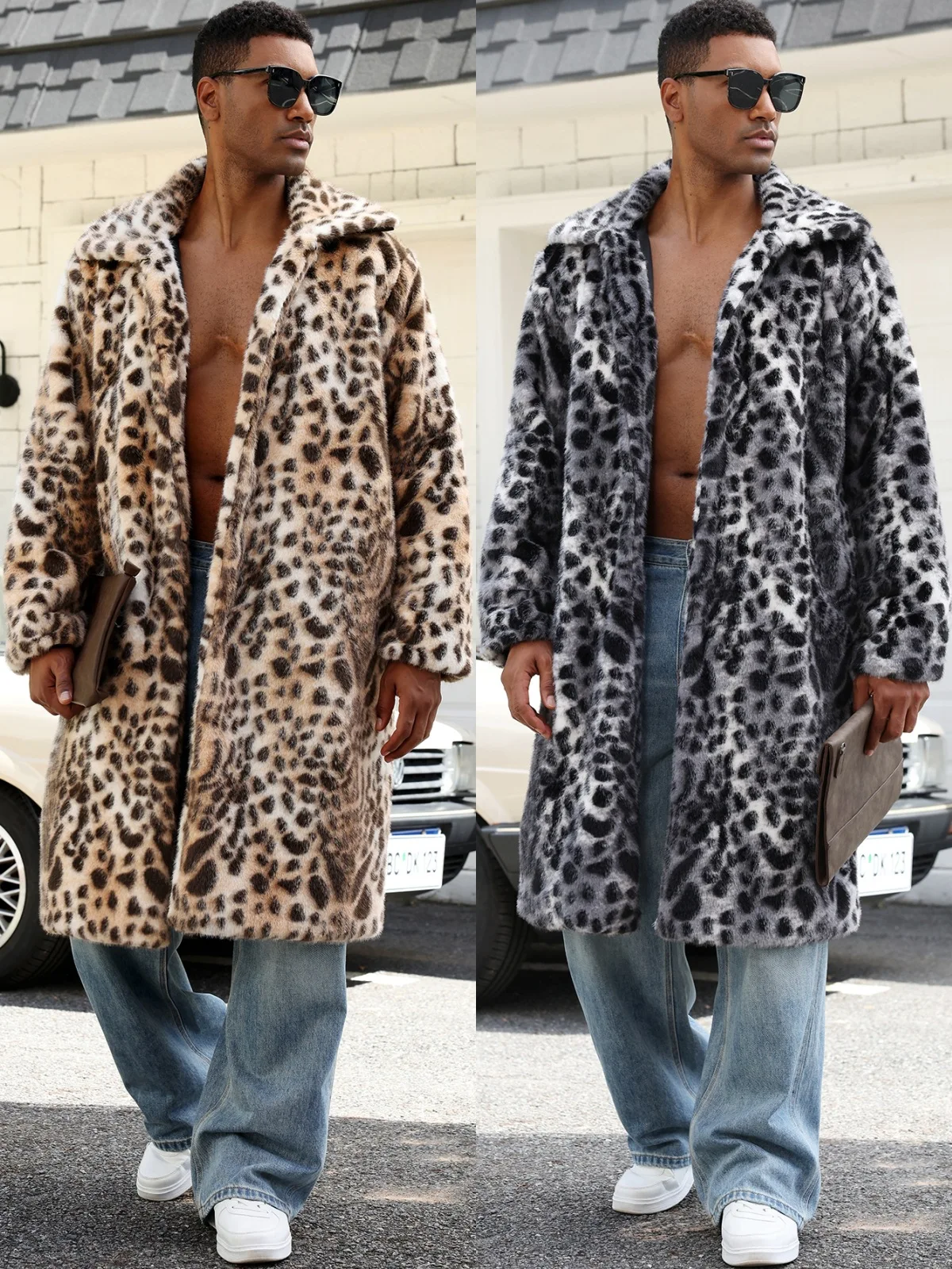 Kurtki zimowe 2025, grube, ocieplane, wydłużone płaszcze, futrzane, puszyste, długie płaszcze, odzież wierzchnia, retro męskie kurtki ze sztucznego futra w panterkę.