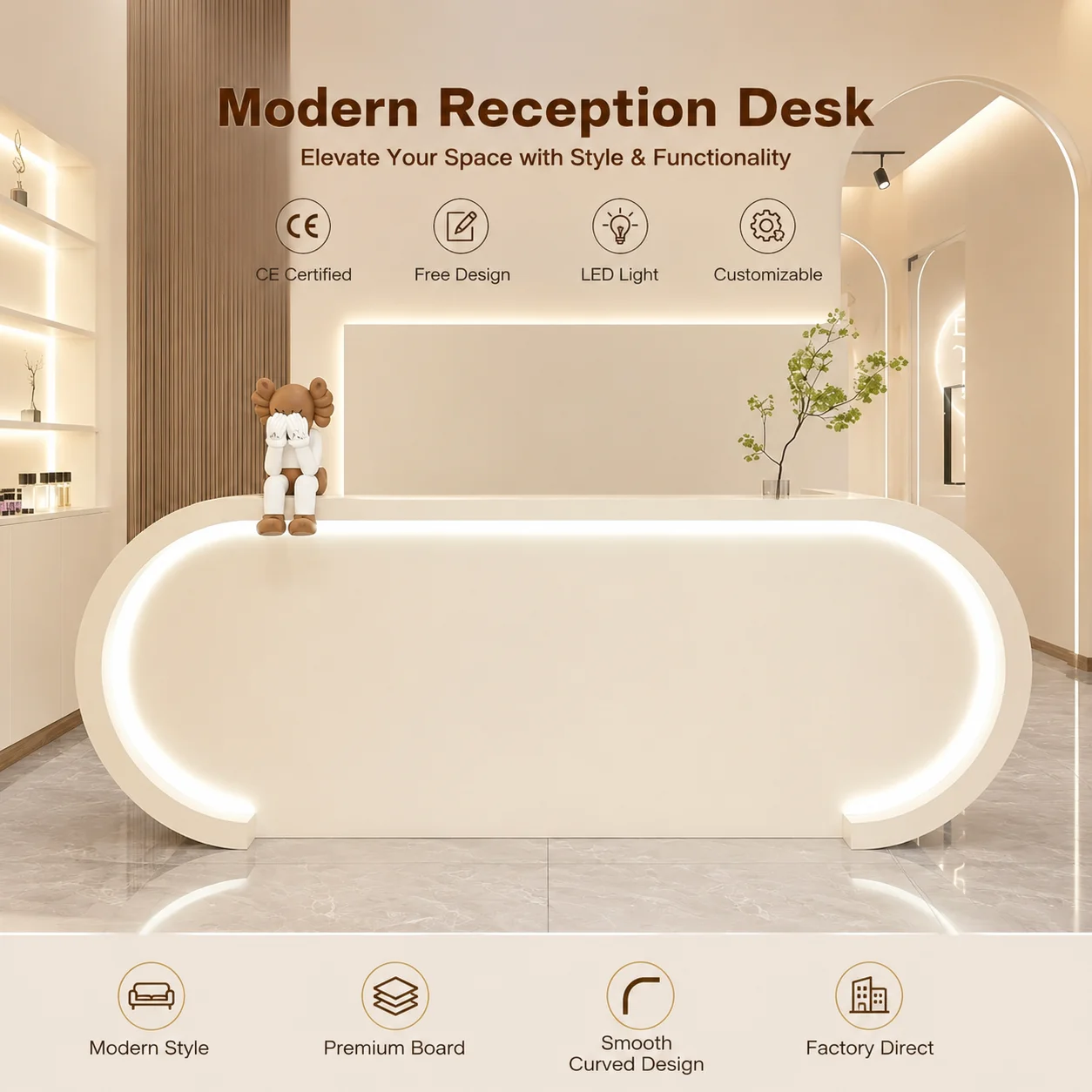 Modern Elegant Cream Full Oval Rounded Reception Desk Surround Built-in LED Front Counter For Beauty Salon Aesthetic Clinic