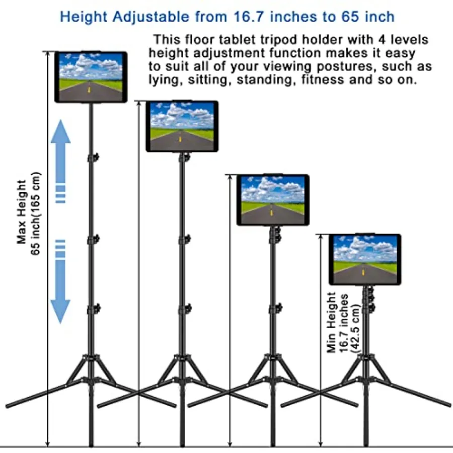iPad三脚スタンド、高さ65インチ調整可能iPadスタンドホルダー、iPadフロアスタンド、360度回転iPad三脚マウント付き（iPad用）