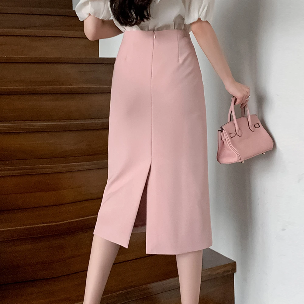 Saias de lápis de cintura alta comprimento médio feminino, elegante, fenda traseira, senhora do escritório, alta qualidade, nova marca, moda, 2022