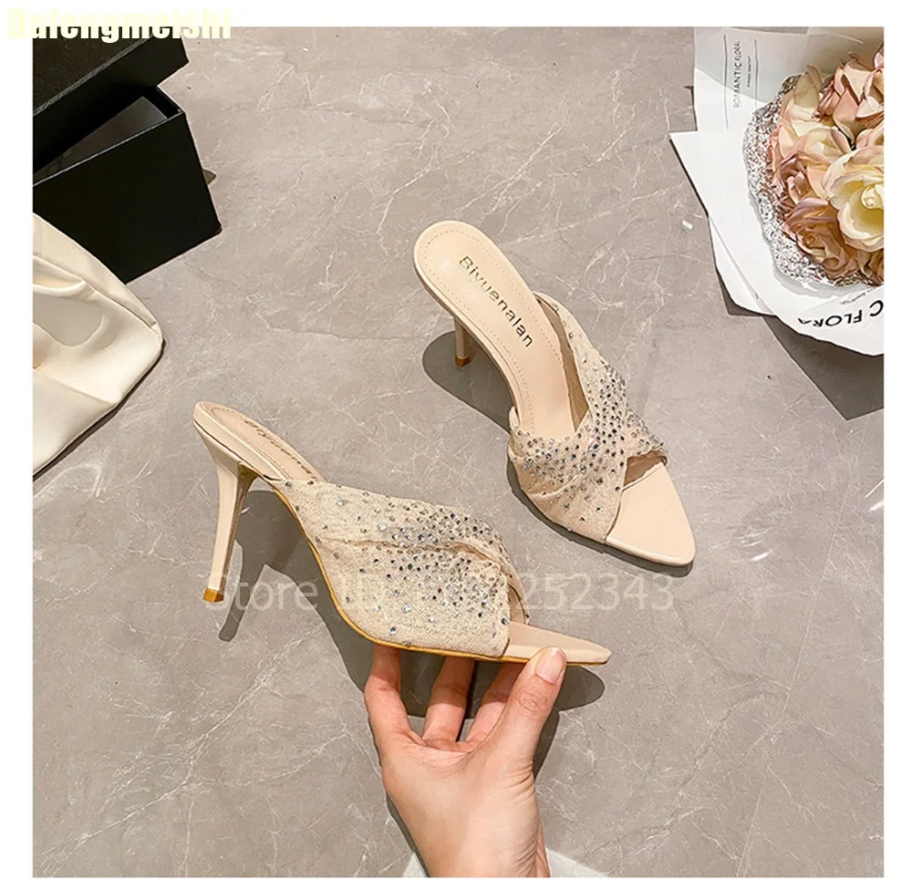 

Женские шлепанцы с сеткой и стразами, на шпильке, с открытым носком, с перекрестными ремешками, с кристаллами, блестящие, для вечеринок, летние модные сандалии 2026