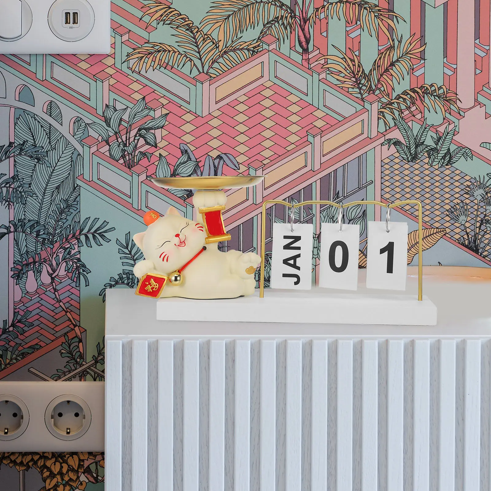 Fortune Cat Shaped Calendar Jewelry Dish Entryway Key Tray Desktop Decor Jewelry Display Plate Ring Earring Holder Trinket
