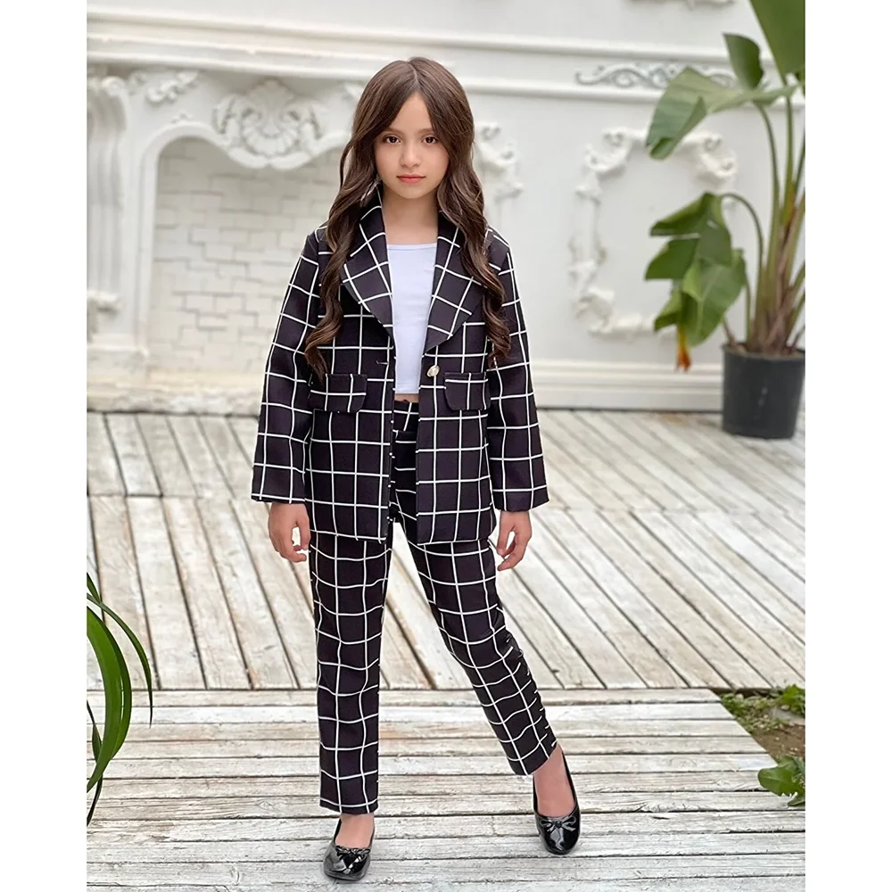 Fashion Plaid Girl Suits Single Button Cute Sets for Children 2 Pieces High Quality Casual Daily Kids Clothes (Blazer+Pants)