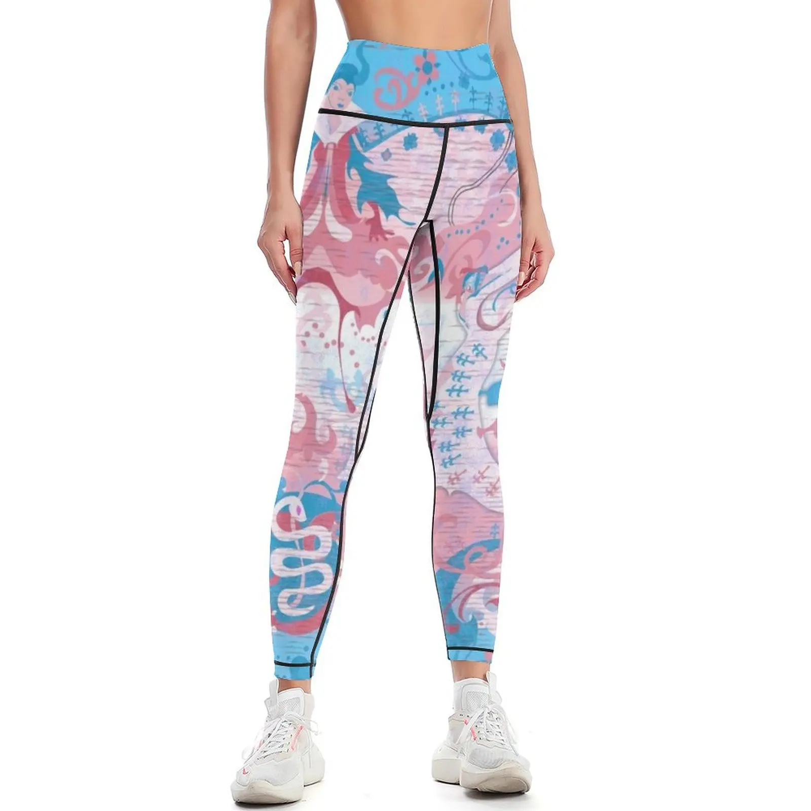 Transgender Dragon Damask -- Trans Pride Flag Colors Leggings for fitness sport pants Pants sport Womens Leggings