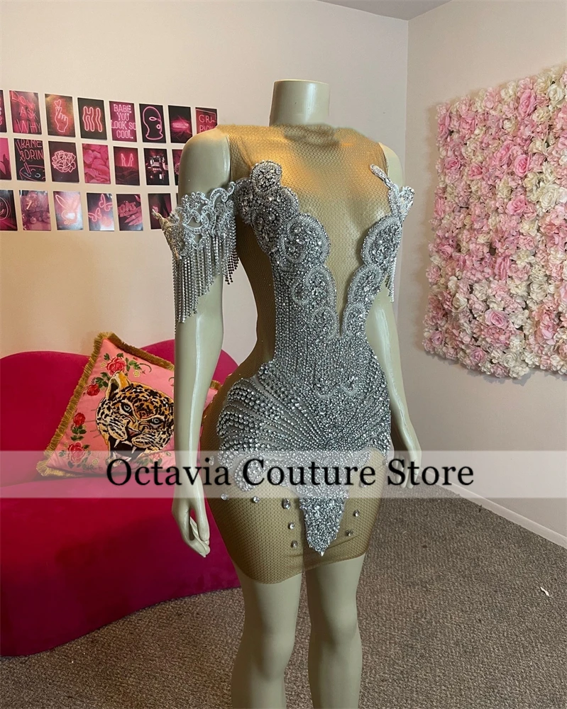 

Silver O N Short Prom Dresses For Black Girls Bead Crystal 2024 Birthday Luxury Dress Tassel Mini Cocktail Homecoming Customized