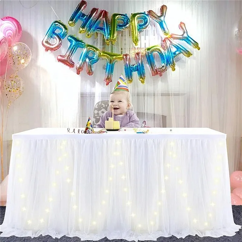 Tulle Table Skirt with LED Lights 6FT Glowing Table Cloth for Wedding Birthday Party Decor