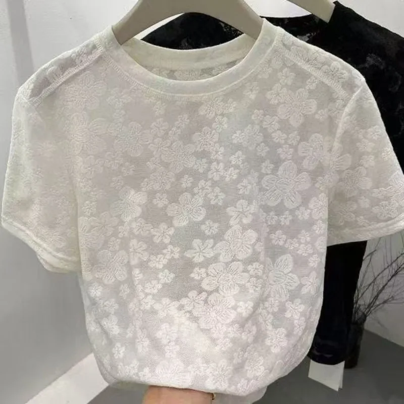

Y2k Aesthetic Occident Summer T-shirts O Neck Slightly Transparent Tees Jacquard Design Sense Fresh Women Clothing Chic Tops