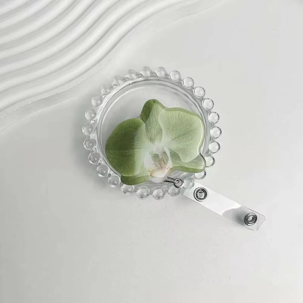 Acrylic Resin ID Card Badge Holder Clip Pull-Off Orchid Design Orchid ID Badge Retractable Work Certificate Holder For Women