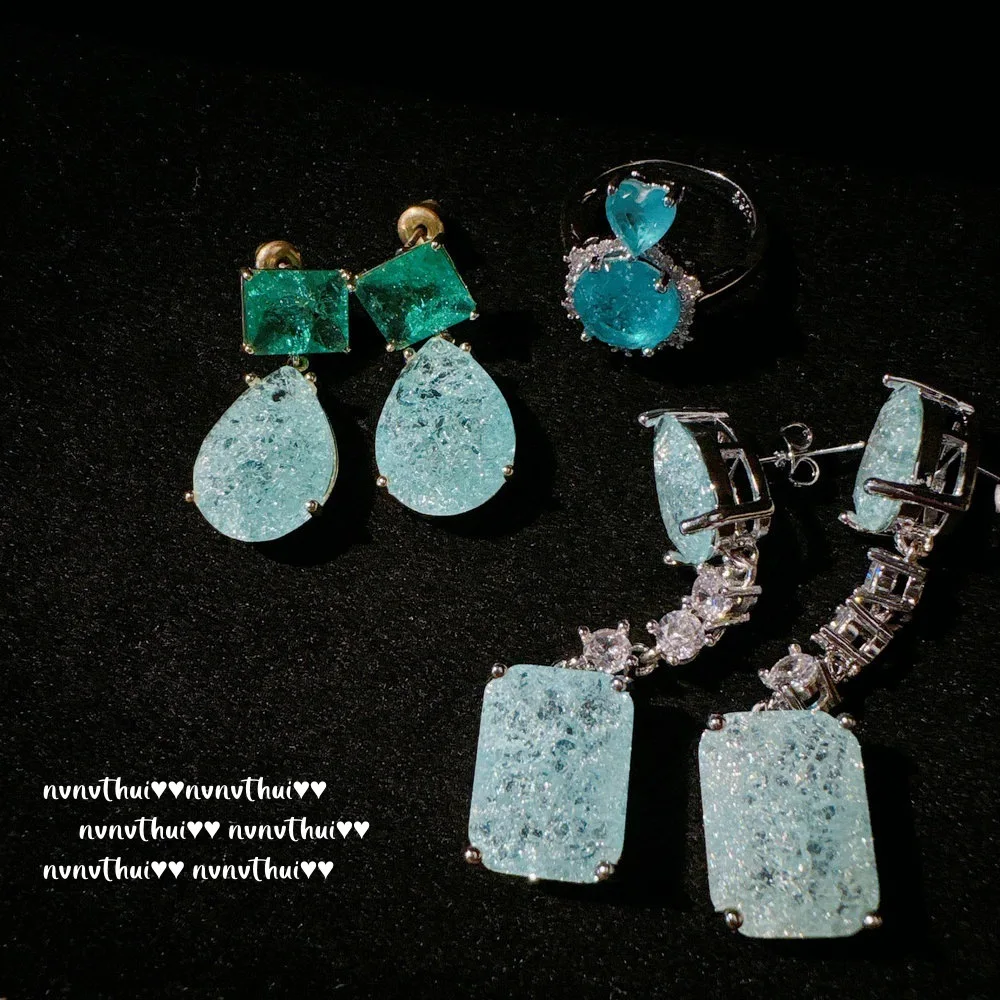 2024 New Geometric Two Tone Crush Paraiba Tourmaline Drop Earrings for Women Luxury 18K Gold Plated Dangles Banquet Jewelry
