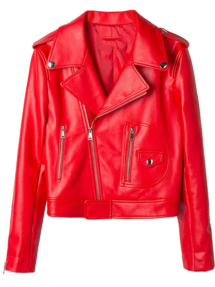 FMFSSOM-abrigo de piel sintética para mujer, Chaqueta corta ajustada de piel sintética, con cuello vuelto, ropa de moto Y2k, color rojo, Primavera