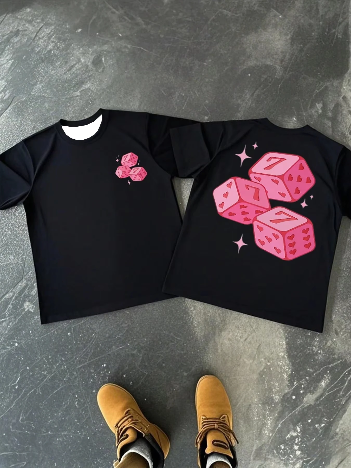 Summer Fashion Pink Dice Pattern Letter Print Design for Casual Couple Version American Street Style T-shirts Family Matching