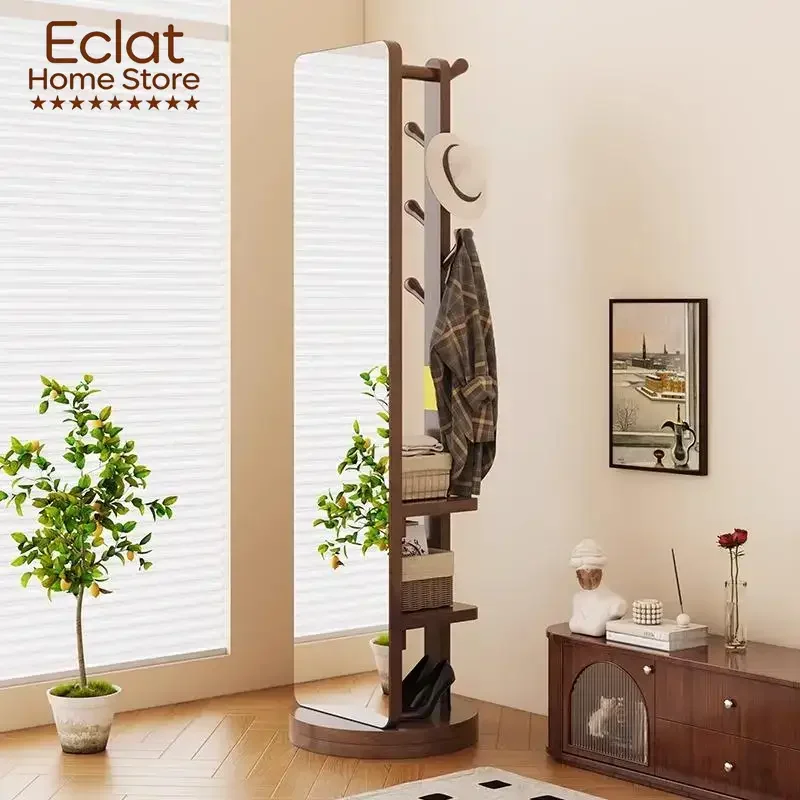 Solid wood full-body mirror floor-to-ceiling vertical rotating full-length mirror home bedroom entry coat rack integrated mobile