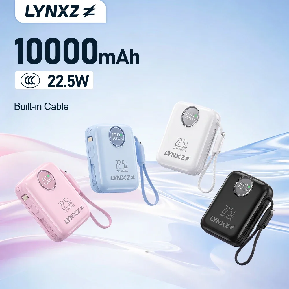 

10000mAh Mini Power Bank Built in Dual Cable Digital Display 22.5W Fast Charging Portable Charger for iPhone Samsung Xiaomi